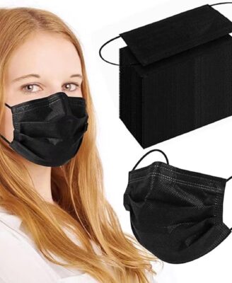 100Pcs Black Disposable Face Mask, 3 Ply Black Face Masks with Soft Elastic Ear loops