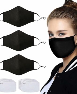 NBDIB Adult Adjustable Face Protection with Filter Pocket and Nose Wire Black Breathable Cloth Mask with 10Pcs Filters