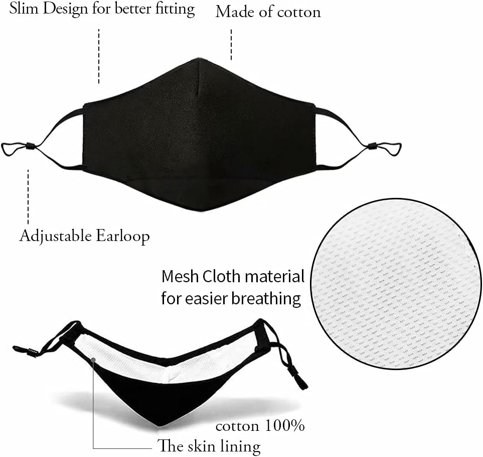 NBDIB Adult Adjustable Face Protection with Filter Pocket and Nose Wire Black Breathable Cloth Mask with 10Pcs Filters - Image 3