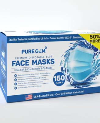 PURE GEM [Pack of 150] Single Use Disposable Blue Face Mask, Soft on Skin, 3-ply Masks Facial Cover with Elastic Earloops Great For Home, Office, School, and Outdoors