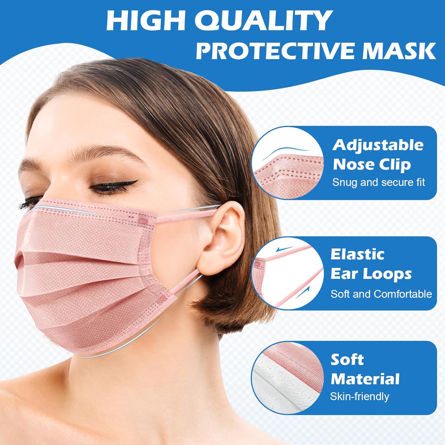 ZIYE 100/500 Pcs Disposable Face Masks, Breathable Mask 3 Layer with Nose Clip Elastic Earloop(Multicolor/Black) - Image 4